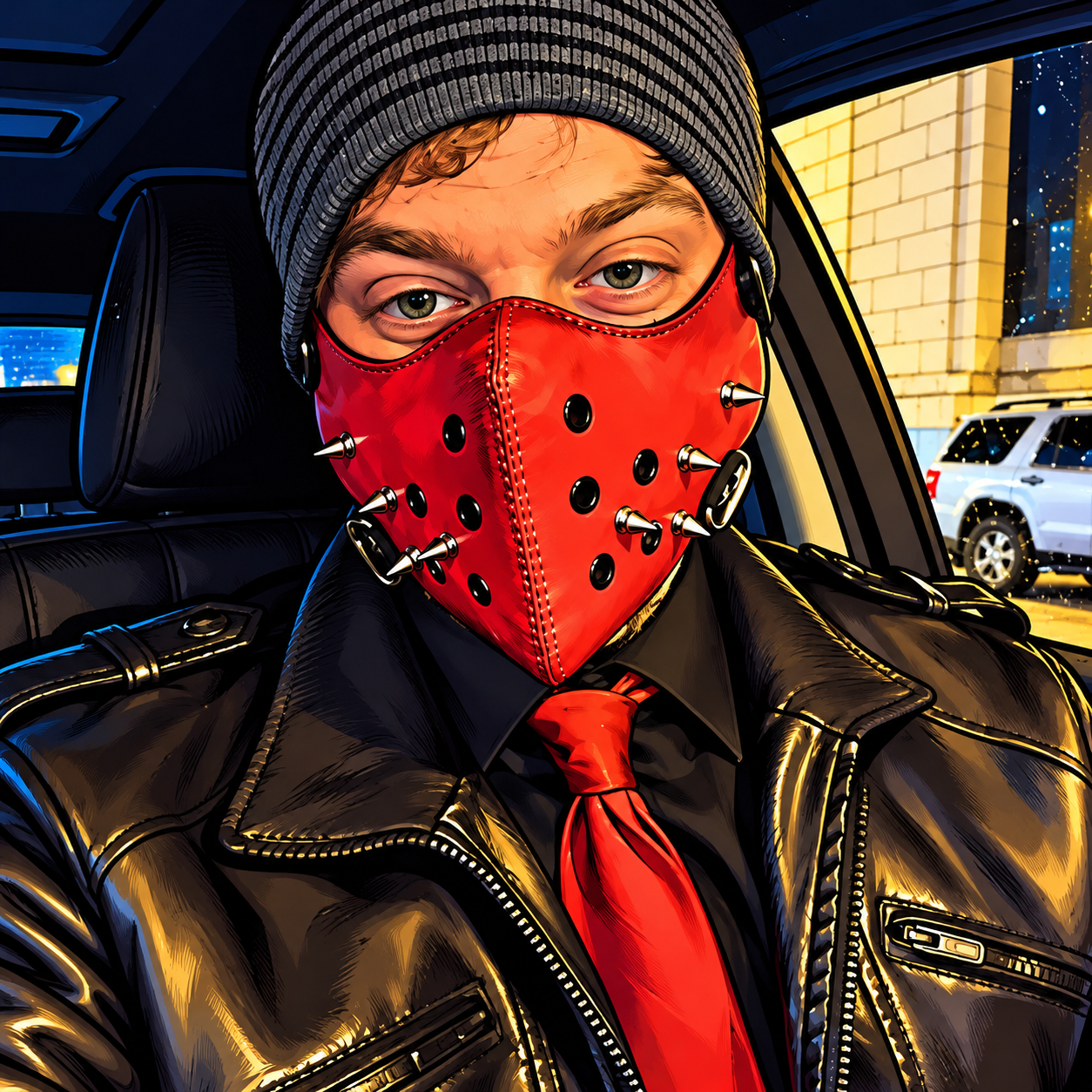 A cartoon/comic-like Luke Wenke lookalike in a red BDSM mask while sitting in a car.