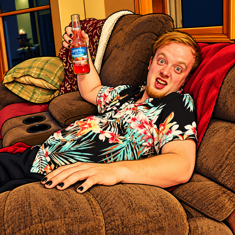 Bright, detailed comic-style illustration of a Luke Wenke lookalike reclining on a brown couch, holding a bottle of Seagram's Escapes, wearing a colorful Hawaiian shirt, and displaying black-painted fingernails.
