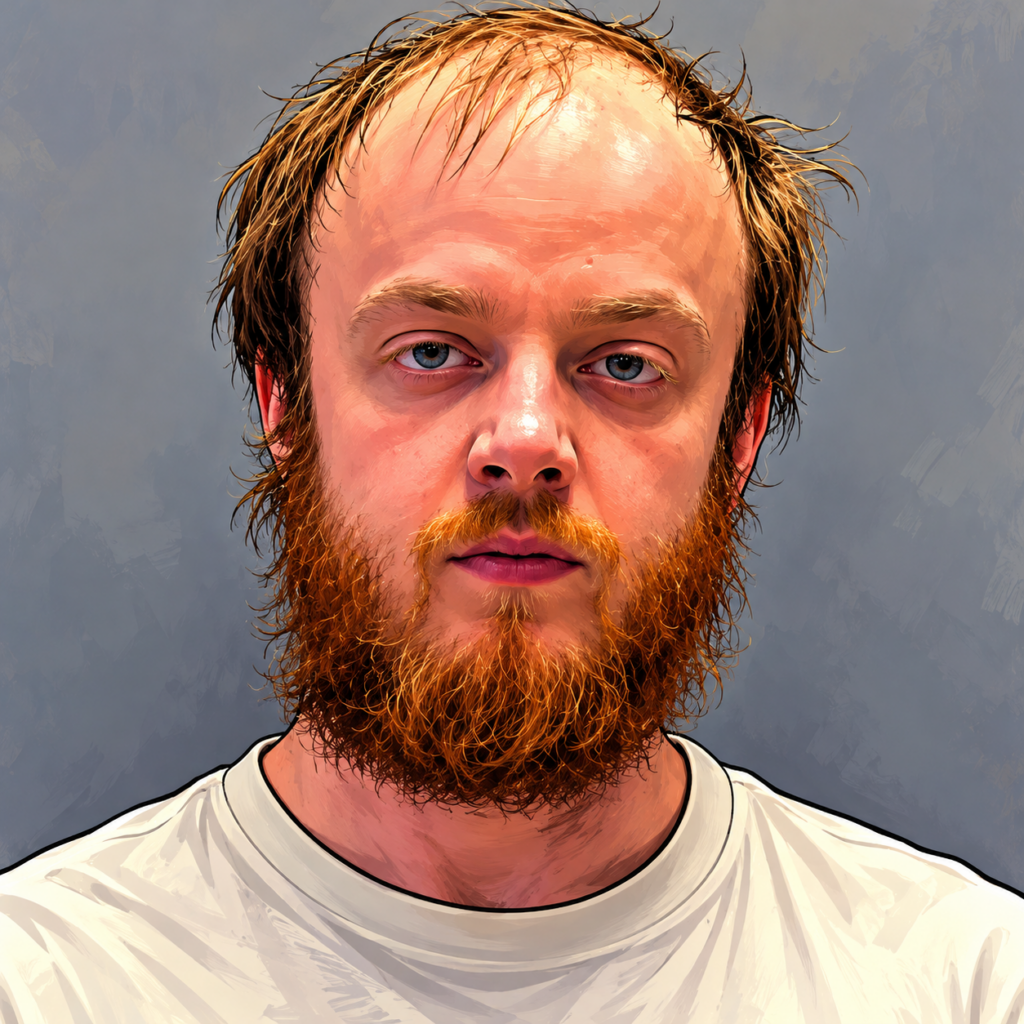 comic-like/painterly image of a Luke Wenke lookalike mugshot/booking photo