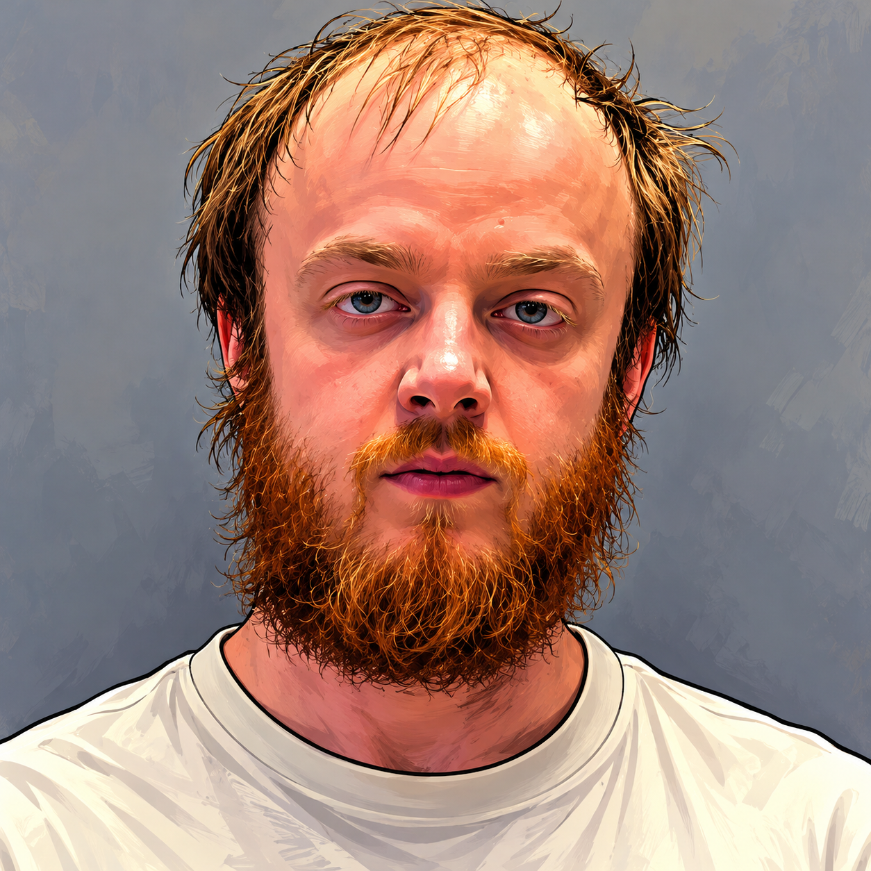 comic-like/painterly image of a Luke Wenke lookalike mugshot/booking photo